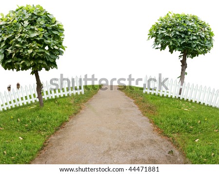 Funny landscape with country road on a hill and white fence. Isolated
