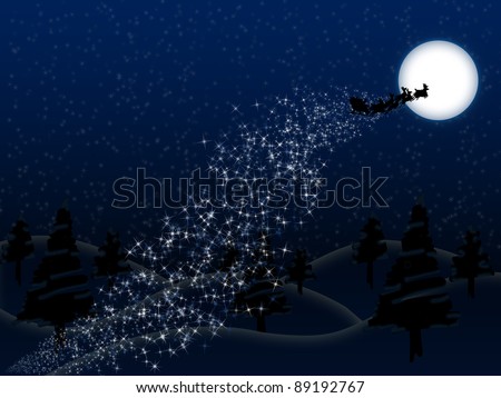 Santa\'s sleigh and deer silhouette with moon and track stars