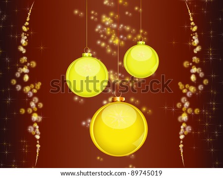 Christmas greeting card with three golden balls and lighting strips