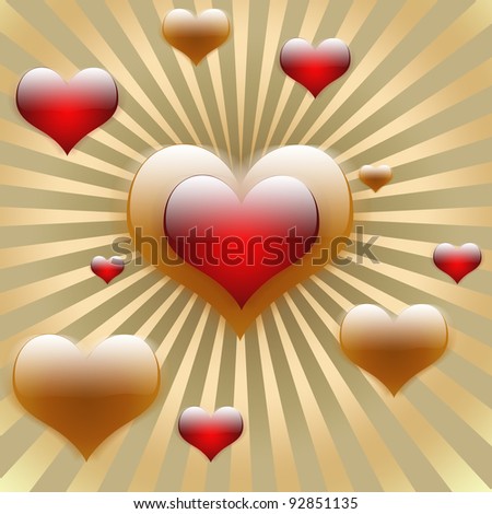 Flaying red golden hearts with one big heart in the middle on golden sun rays background for Valentine\'s day