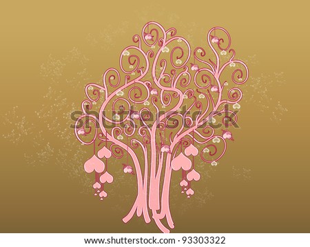 Tree of hearts on golden sparkles background