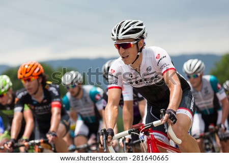 Chattanooga, Tennessee, USA.  25th May, 2015. Eventual winner, Matthew Busche, competing in the 2015 USA Cycling National Championship Road Race (Pro Men) event--held in the streets of Chattanooga.