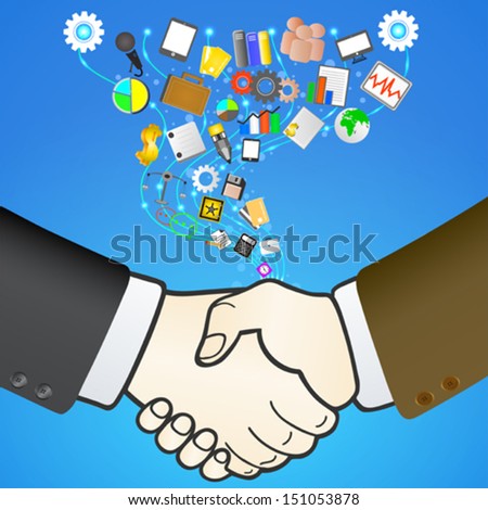 Business handshake with media icons. Business concept, motivation, success, modern template.