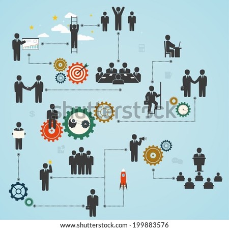 workforce, team working, business people in motion, motivation for success. Business gears with people and icons