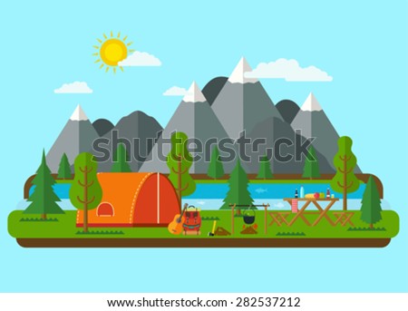 Summer landscapes. Picnic barbecue with tent in mountains near a river. Hiking and camping.