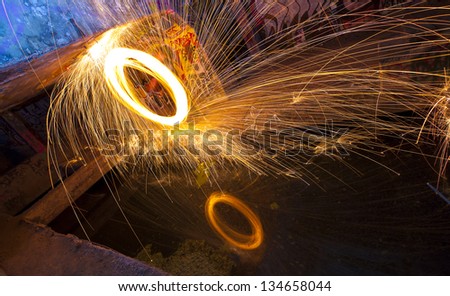 Showers of hot glowing sparks from spinning steel wool.