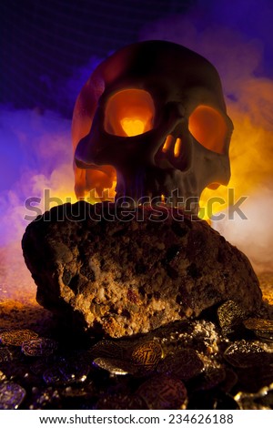 Skull with Burning Flames and Gold Coins
