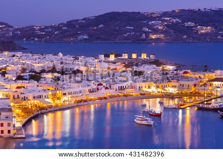Mykonos port with boats at evening, Cyclades islands, Greeces