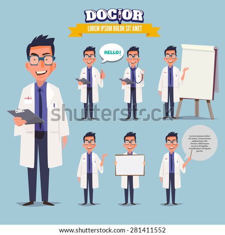 Smart doctor presenting in various action. character design. doctor and healthcare concept - vector illustration