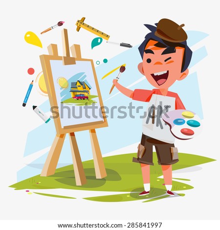 artist boy painting on canvas with art icons. character design.  Creative people professions collection. - vector illustration