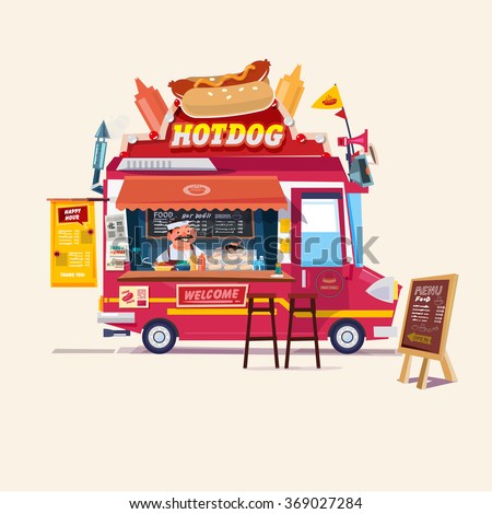 Hot dog  Food Truck. Street Food Truck concept with merchant character design - vector illustration