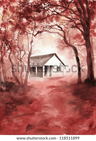 Watercolor painting of an autumn landscape with trees and a cottage