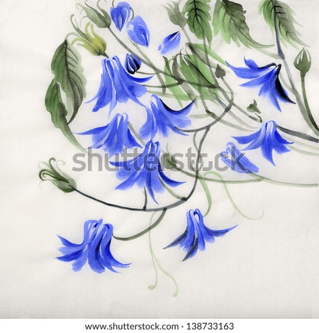 A branch of blue flowers original watercolor painting.