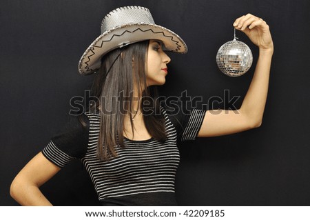 Fancy cowgirl with mirror ball on black