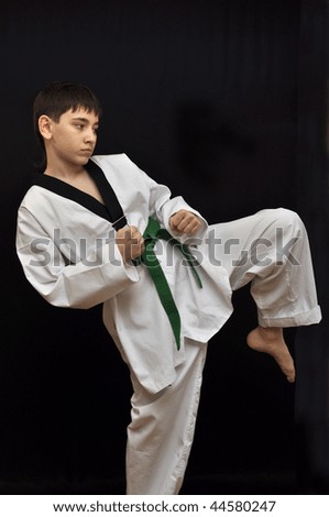 Youngster in kimono with the green belt in a figthter position on a black background