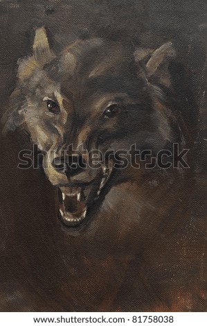 Painting image of the wolf head appearing from the darkness. Oil on canvas.