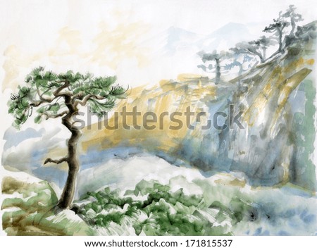 Watercolor original painting of landscape with rocks and pine tree