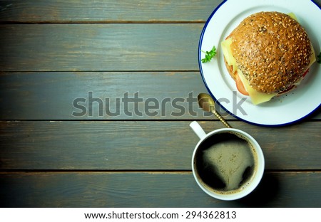 Deli sandwich with coffee and space for text