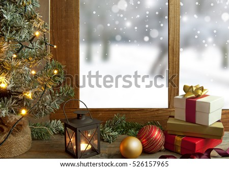 Christmas window with gifts