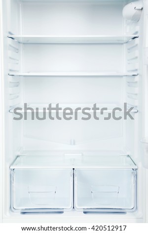 The open fridge with the shelves, close up