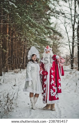 The granddaughter the Snow Maiden and the Grandfather Frost in the winter wood.