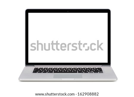 Front view of a modern laptop with a white screen and an English keyboard isolated on white background High quality Front view of a modern laptop with a white screen and an English keyboard isolated on white background High quality