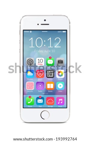 Directly front view of a modern white mobile smart phone with flat design application icons on the screen isolated on white background High quality Directly front view of a modern white mobile smart phone with flat design application icons on the screen isolated on white background High quality