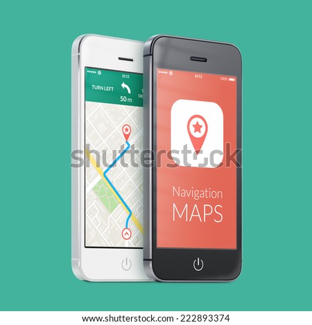 Black and white smartphones with map gps navigation application with planned route on the screen on green. High quality.