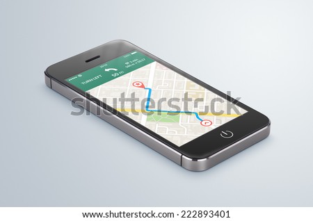 Black modern smartphone with map gps navigation application with planned route on the screen lies on the gray surface. High quality.