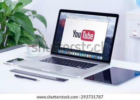 YouTube logo on the Apple MacBook Pro Retina display. YouTube presentation concept. YouTube is a video-sharing website allows users to upload, view, and share videos. Varna, Bulgaria - May 29, 2015.
