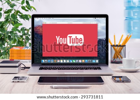 YouTube logo on the front view Apple MacBook Pro screen. YouTube presentation concept. YouTube is a video-sharing site allows users to upload, view, and share videos. Varna, Bulgaria - May 31, 2015.