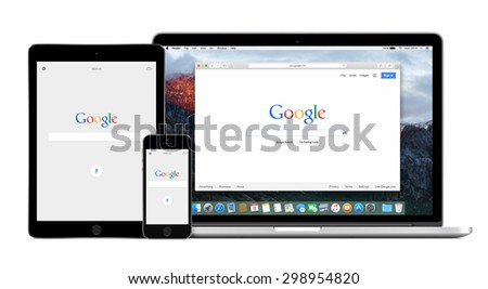 Google app on the Apple iPhone 5s and iPad Air2 displays and desktop version of Google search on the Apple Macbook Pro Retina screen. Isolated on white background. Varna, Bulgaria - February 02, 2015.