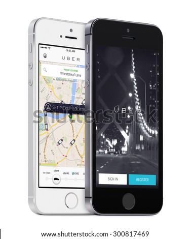 Uber app startup page and Uber search cars map on the angled front view white and black Apple iPhones 5s. Isolated on white background. Varna, Bulgaria - May 26, 2015.