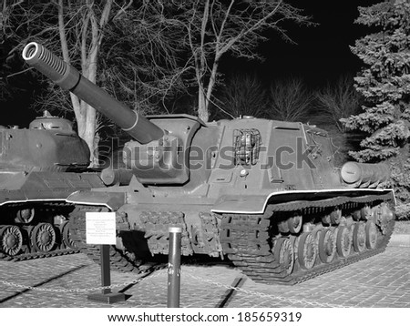 Kiev, Ukraine - March 22, 2014: Soviet heavy armored self-propelled gun ISU-152 in museum at night