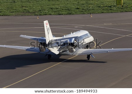 Kiev, Ukraine - April 25, 2014: Cessna 560XLS Citation Excel business aircraft running on the runway of Kiev International Airport on April 25, 2014. Editorial use only
