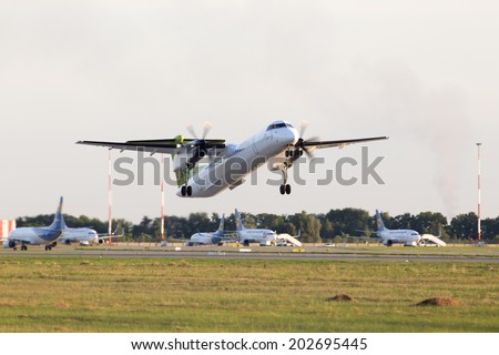 Borispol, Ukraine - June 28, 2014: airBaltic De Havilland Canada DHC-8-402Q Dash 8 aircraft departing from the Borispol International Airport on June 28, 2014.