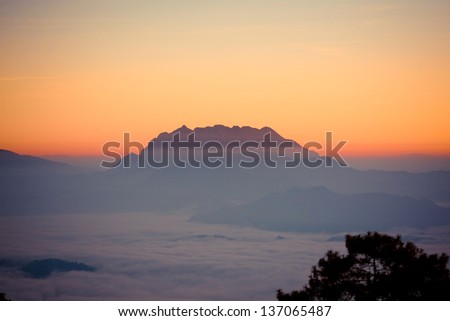 Sun rise at the mountain with the mist of fog at Chiangmai, Thailand