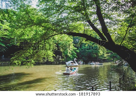 TOKYO, JAPAN - MAY 21: Japanese people are paddling a boat with their family at Inokashira park in the rainy season on May 21, 2011 in Tokyo, Japan.