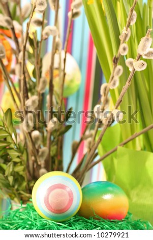 Easter floral arrangement on a colourfull background.