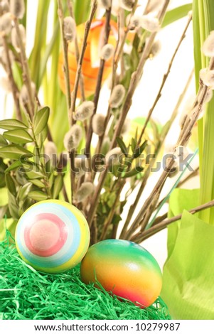 Easter floral arrangement on a withe background.