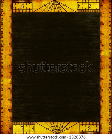 Frame made up of the back and front views of a vintage wooden ruler with painted wooden background.