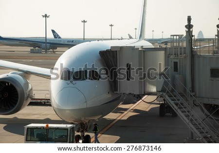 Tokyo International Airport, Japan â?? April, 2015: Boeing 787 of ANA, All Nippon Airways, is waiting for departure