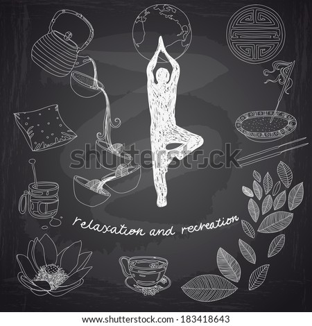 Vector set of yoga and feng-shui icons. Relaxation and recreation. Chalkboard design.