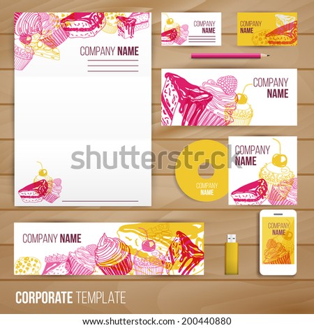 Corporate identity business set design. Abstract background with vintage party pastry, cakes and sweets. Vector illustration.