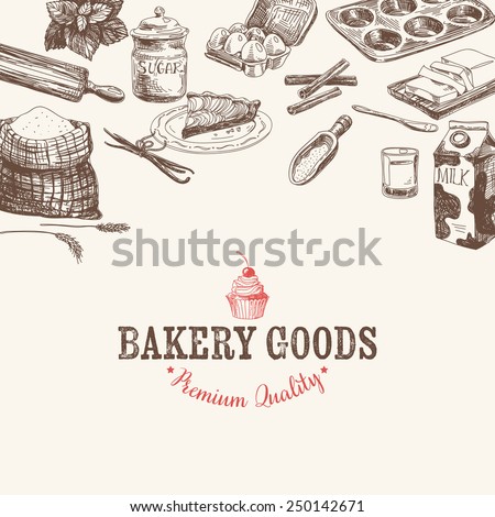 Vector bakery retro background. Vintage Illustration with milk, sugar, flour, vanilla, eggs, mixer, baking powder, rolling, whisk, spoon vanilla bean, butter and kitchen dish.