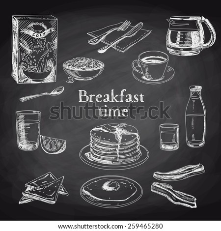 Vector breakfast hand drawn set. Vintage illustration. Chalkboard.