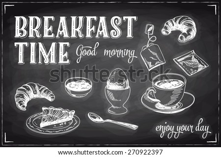 Vector hand drawn breakfast and branch background on chalkboard. Menu illustration.