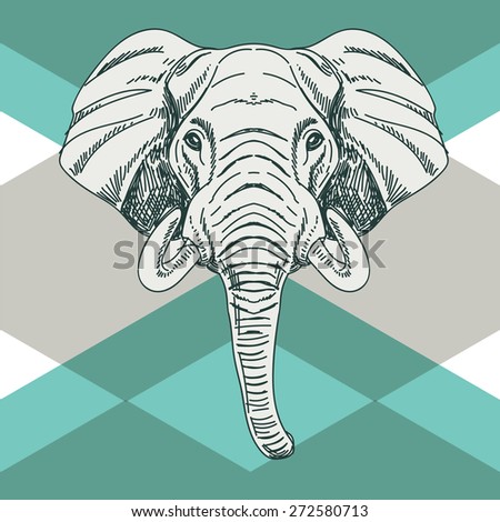 Vector hand drawn illustration with elephant head. Wild Animal. Wild life.