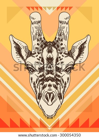 Vector hand drawn illustration with giraffe head. Wild Animal. Wild life.