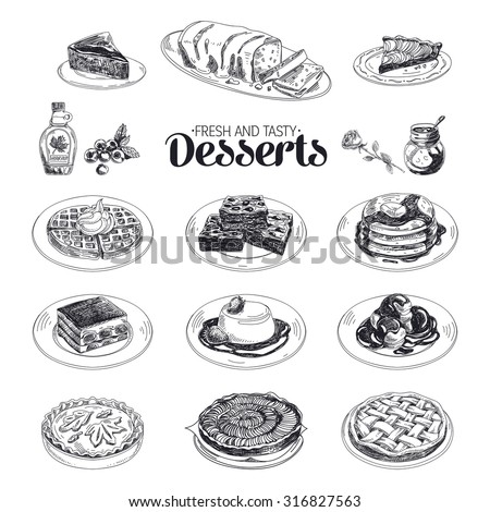 Vector hand drawn sketch restaurant desserts set. Sweets. Retro illustration.